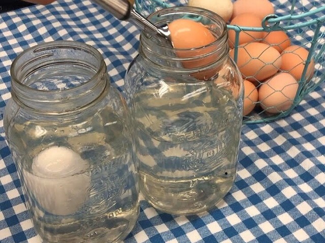 farmer drops eggs into jars filled with cold water
