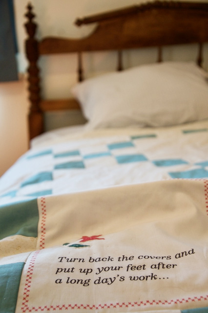 rope bed and bedspread in Flynn House exhibit at Black Creek Pioneer Village