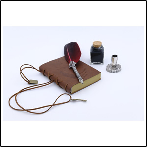 leather bound notebook with quill pen and ink