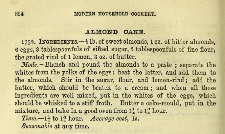almond cake recipe from Mrs Beetons 1861 Book of Household Management