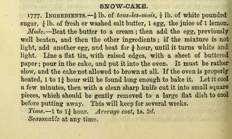 snow cake recipe from Mrs Beetons 1861 Book of Household Management