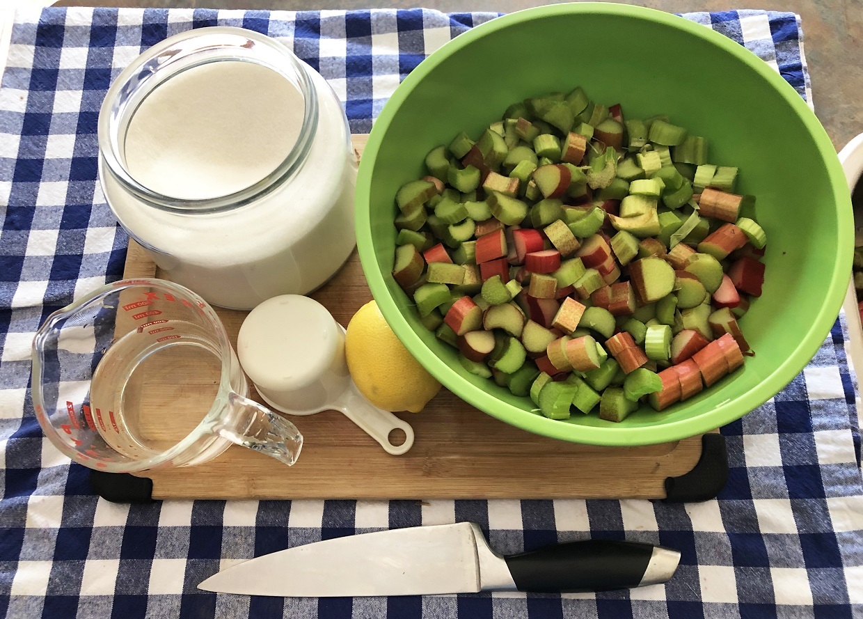 ingredients and supplies for making rhubarb jam