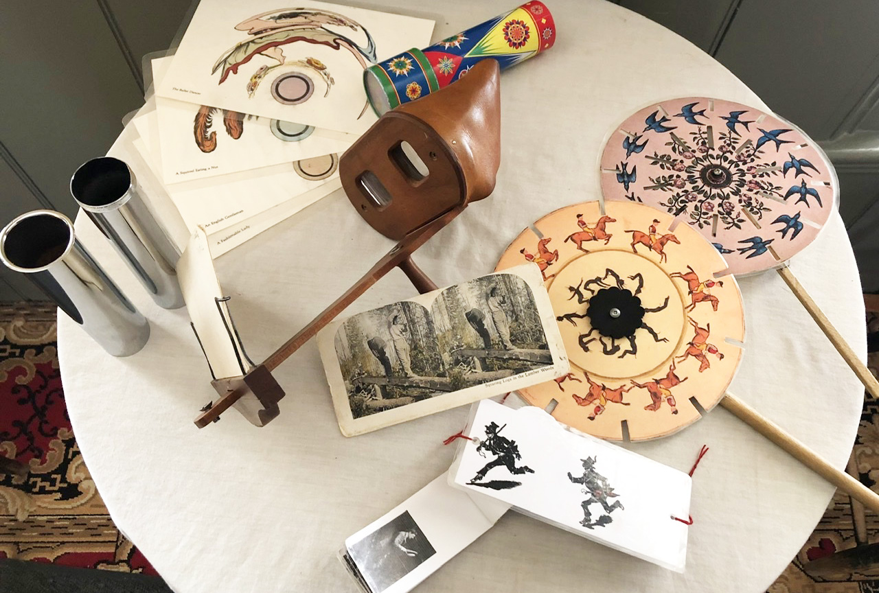 examples of 19th century optical toys including kaleidoscope, stereoscope and phenakistoscope
