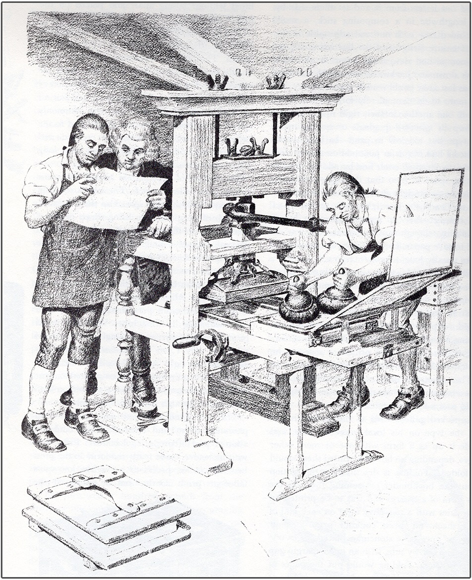 19th century illustration of wooden printing press