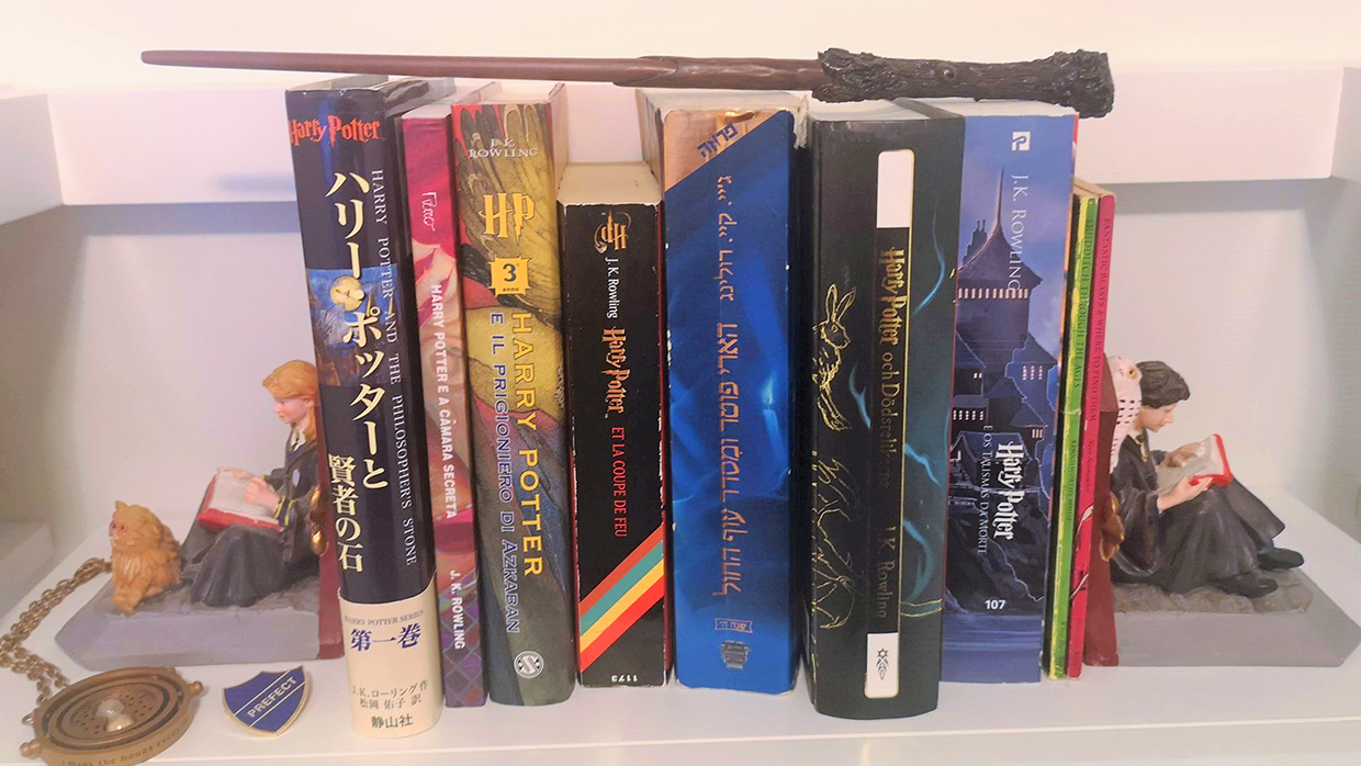 Harry Potter bookends are used to display editions of books from the series in various languages