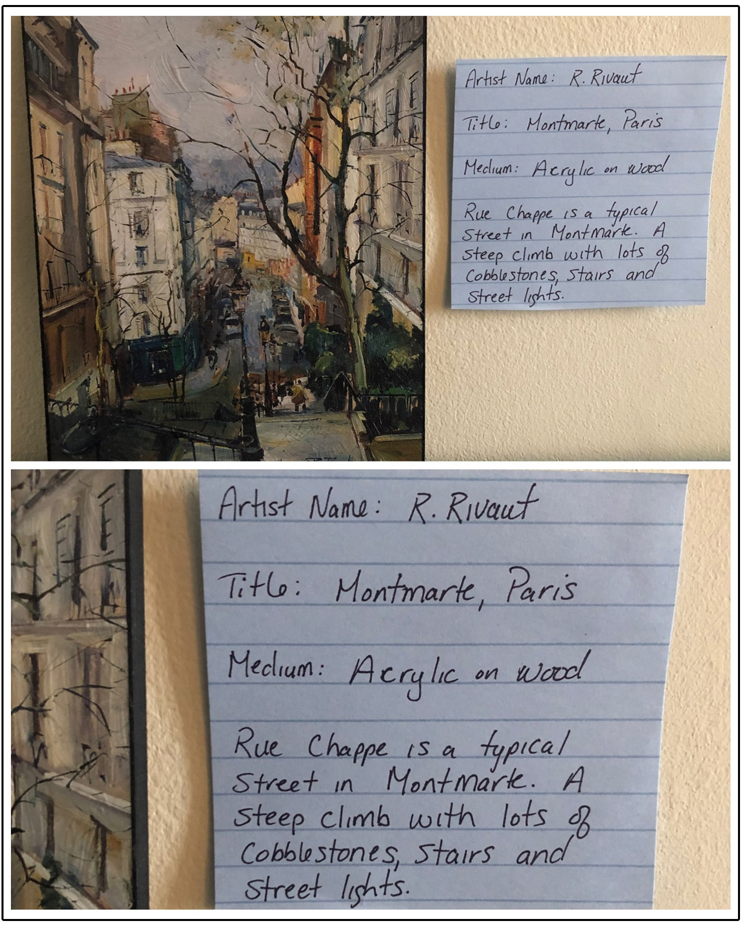 museum style label for painting of Montmartre in Paris