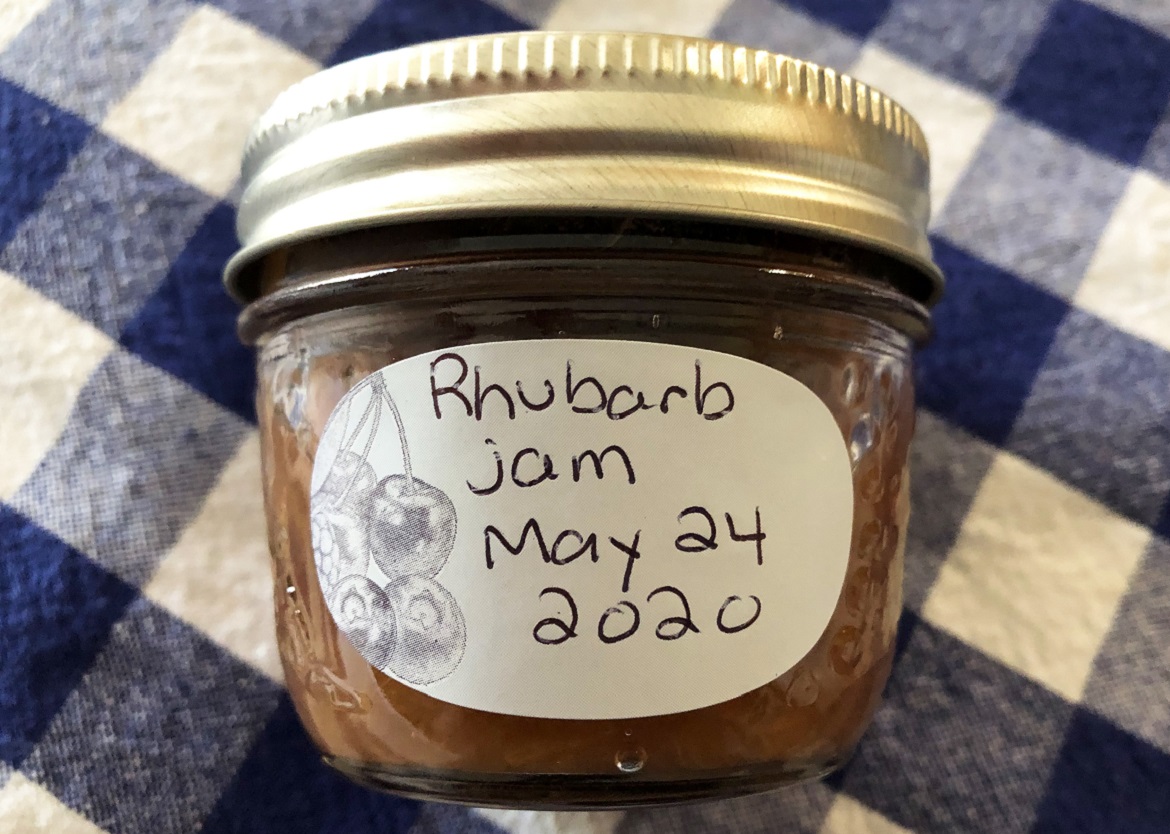 jar of rhubarb jam with hand-written label