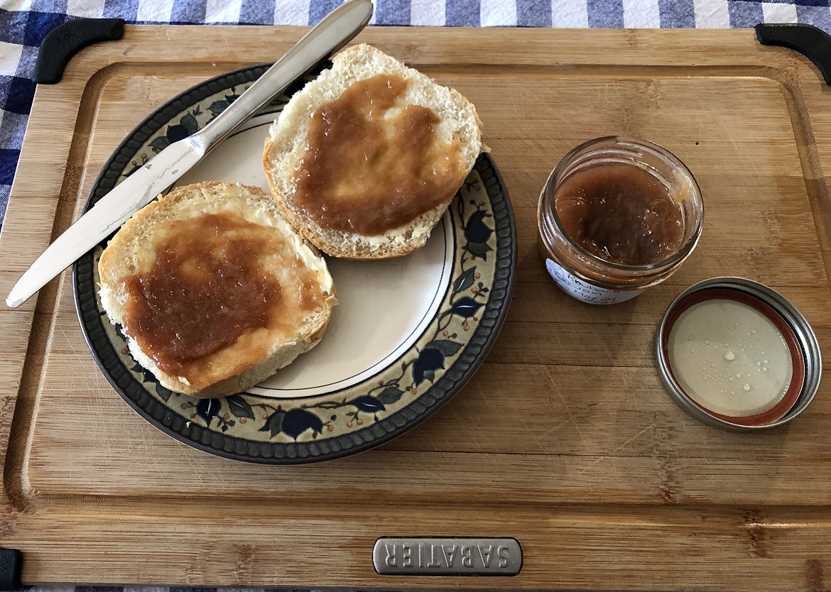 rhubarb jam spread on slices of bread