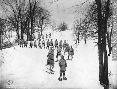 painting of 19th century snow shoers