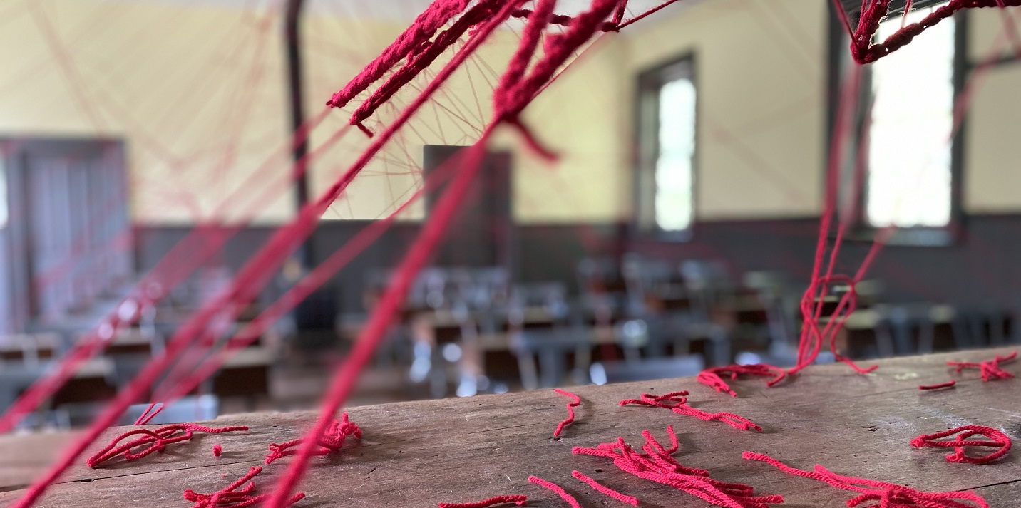 2021 installation at the Black Creek Pioneer Village school house by Métis artist Tracey-Mae Chambers