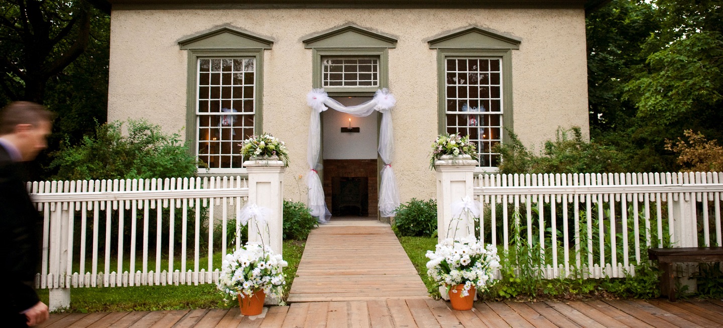 historic building at the Village at Black Creek decorated for a wedding