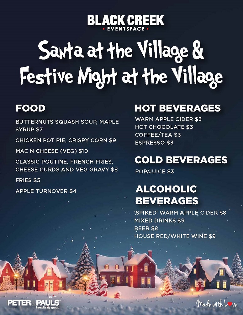 snack bar menu for Santa at the Village and Festive Nights at the Village events