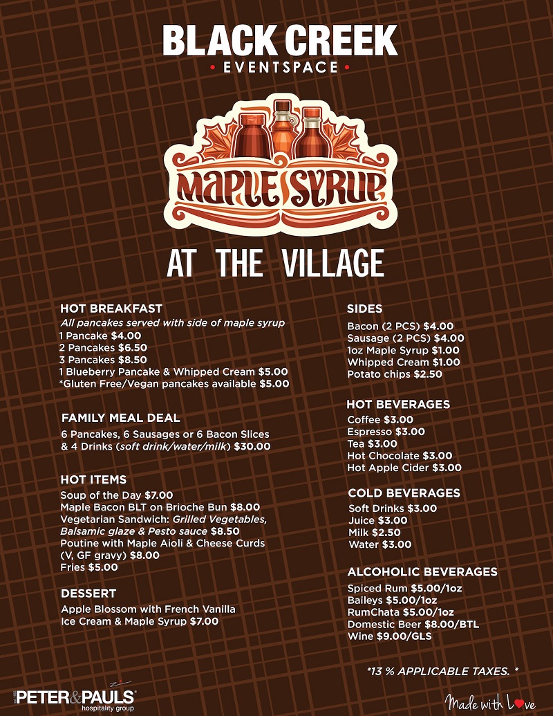 Maple Syrup at the Village - food and beverage menu