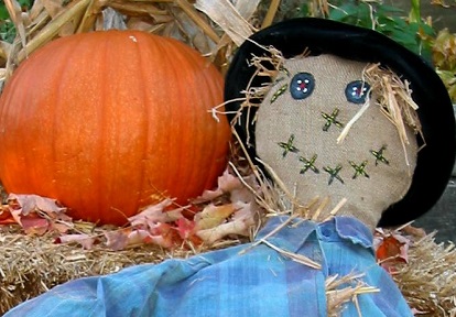 a scarecrow and pumpkin at The Village at Black Creek fall festival